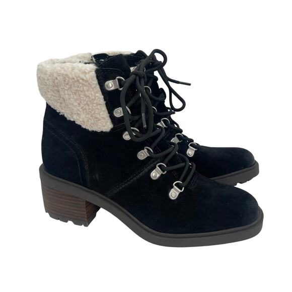 Lucky Brand Demia Boots Size 8 Black Combat Faux Shearling Suede Leather NWOT - Picture 1 of 16
